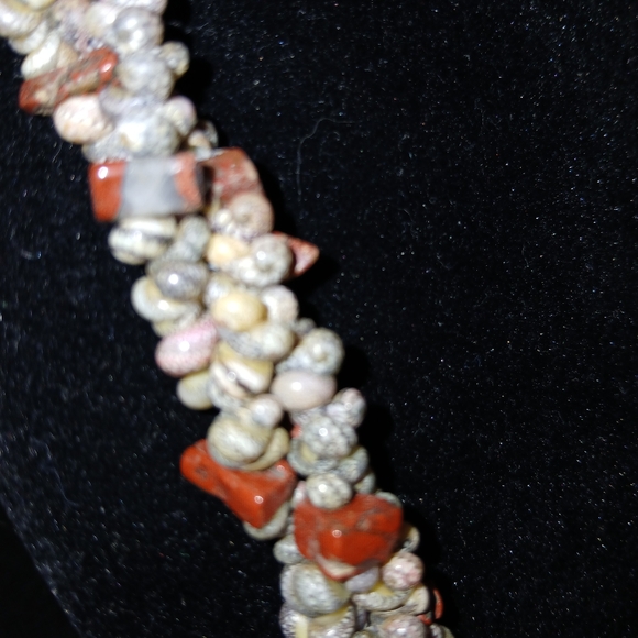 Vintage Handmade Abalone Coral Beaded Statement Necklace ,jasper pendant. 24 in - Picture 6 of 10